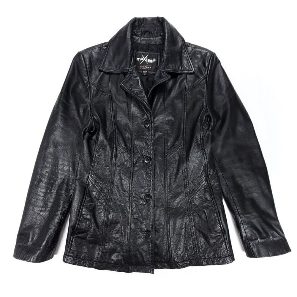 VINTAGE Wilsons Maxima 100% Genuine Leather Jacket Dad Coat Medium Black 90s Y2k